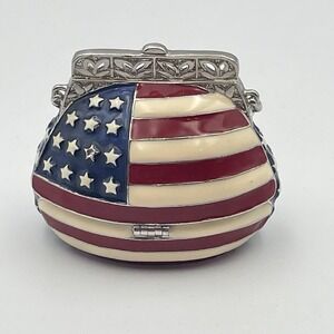 Vintage 1990s Patriotic American Flag Enamel Trinket Pill Box Hinged Metal
